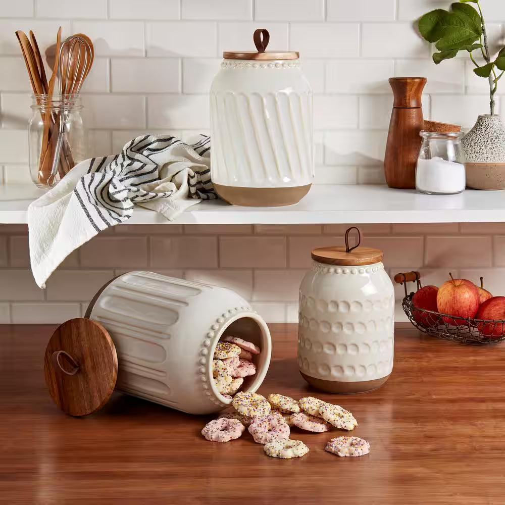 Ziggy 3-Piece Ceramic Canister Set with Acacia Wood Lids