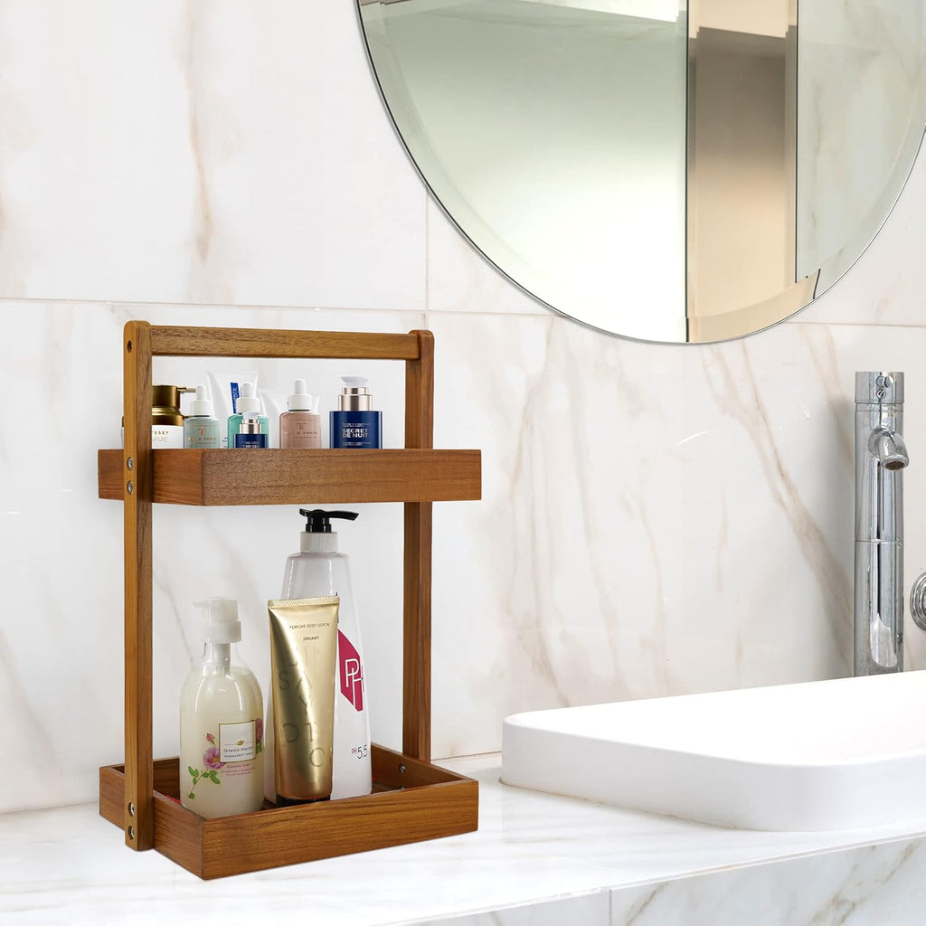 Teak Collapsible 2 Tier Rack Dish Drying Rack and 2 Tier Standing Shower Organizer Caddy Corner with Handle