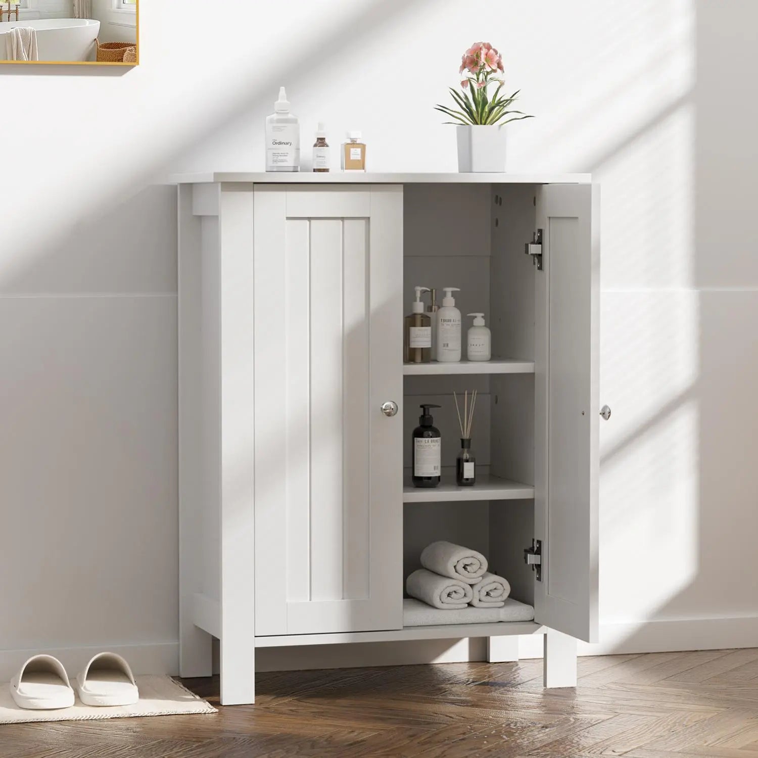 Kullavik Wooden Bathroom Floor Storage Cabinet - Freestanding 2-Compartment Compartmentalized High-Capacity Storage Floor Cabinet with Double Doors for Entryway, Living Room, Compartmentalized Floor Cabinets, High-Capacity Floor Cabinets