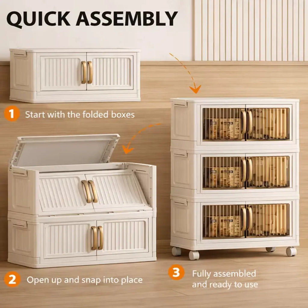 Collapsible Storage Bins with Lids & Wheels - Stackable Storage Organizer, Easy Assembly Plastic Cabinet for Clothes, Toys, Pantry, Home Organization Must Have