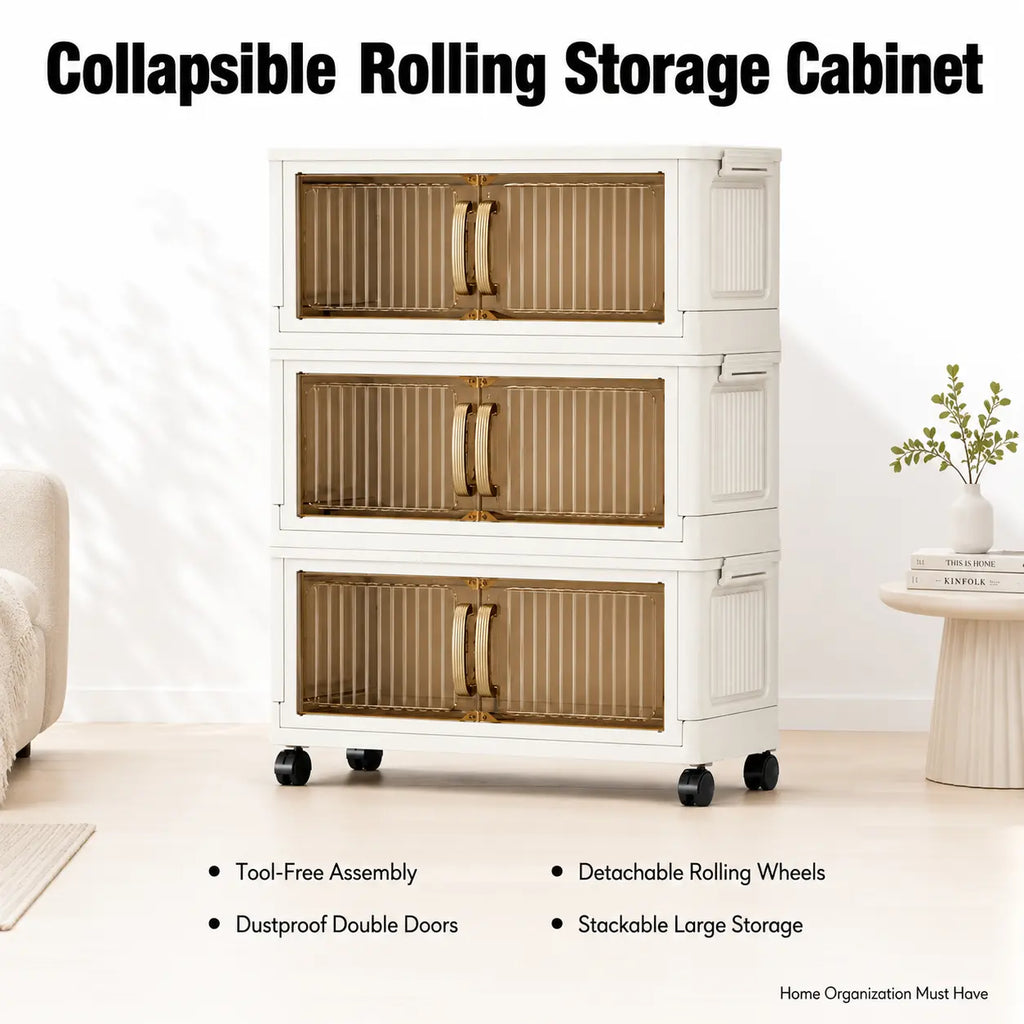 Collapsible Storage Bins with Lids & Wheels - Stackable Storage Organizer, Easy Assembly Plastic Cabinet for Clothes, Toys, Pantry, Home Organization Must Have
