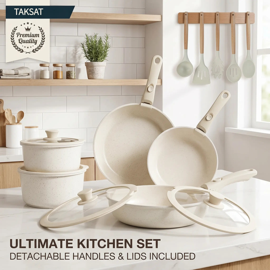 20Pcs Kitchen Cookware Sets, Kitchenware Non-Stick Pots and Pans Set, Kitchen Supplies, Pans & Woks, Cookware, Kitchenhacks, Mealprep, Detachable Handle, Oven Safe, Cooking & Caraway Pan-Camping Dishes, Versatile Cookware