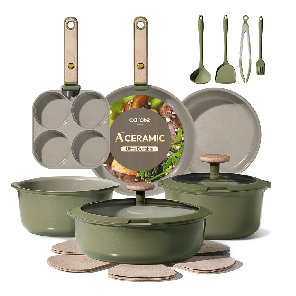 [Official] CAROTE 19Pcs Ceramic Cookware Set Nonstick with Detachable Handle, Dishwasher Safe, Easy Pouring Spout