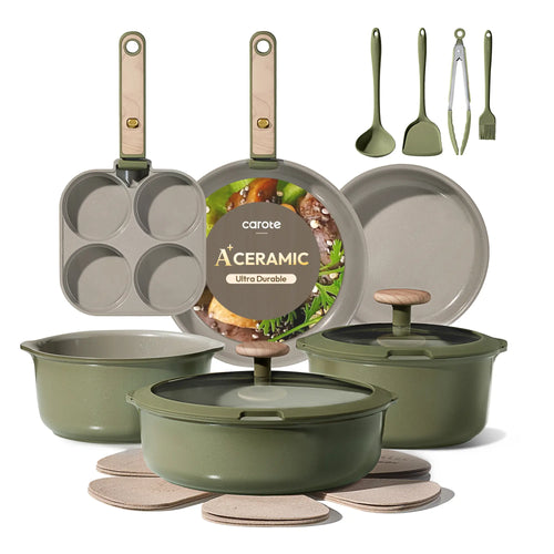 [Official] CAROTE 19Pcs Ceramic Cookware Set Nonstick with Detachable Handle, Dishwasher Safe, Easy Pouring Spout