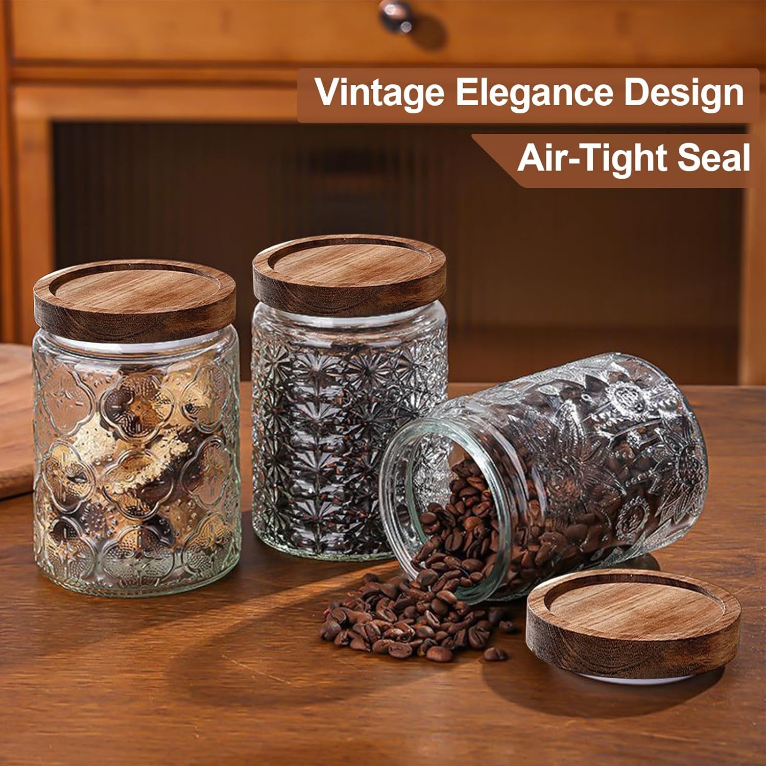 34 OZ Vintage Glass Jar with Lid, Airtight Food Storage Canisters with Bamboo for Kitchen Counter Pantry, Ideal for Coffee, Candy, Tea, Oats, Sugar, Cookies Decorative Jars-Sunflower