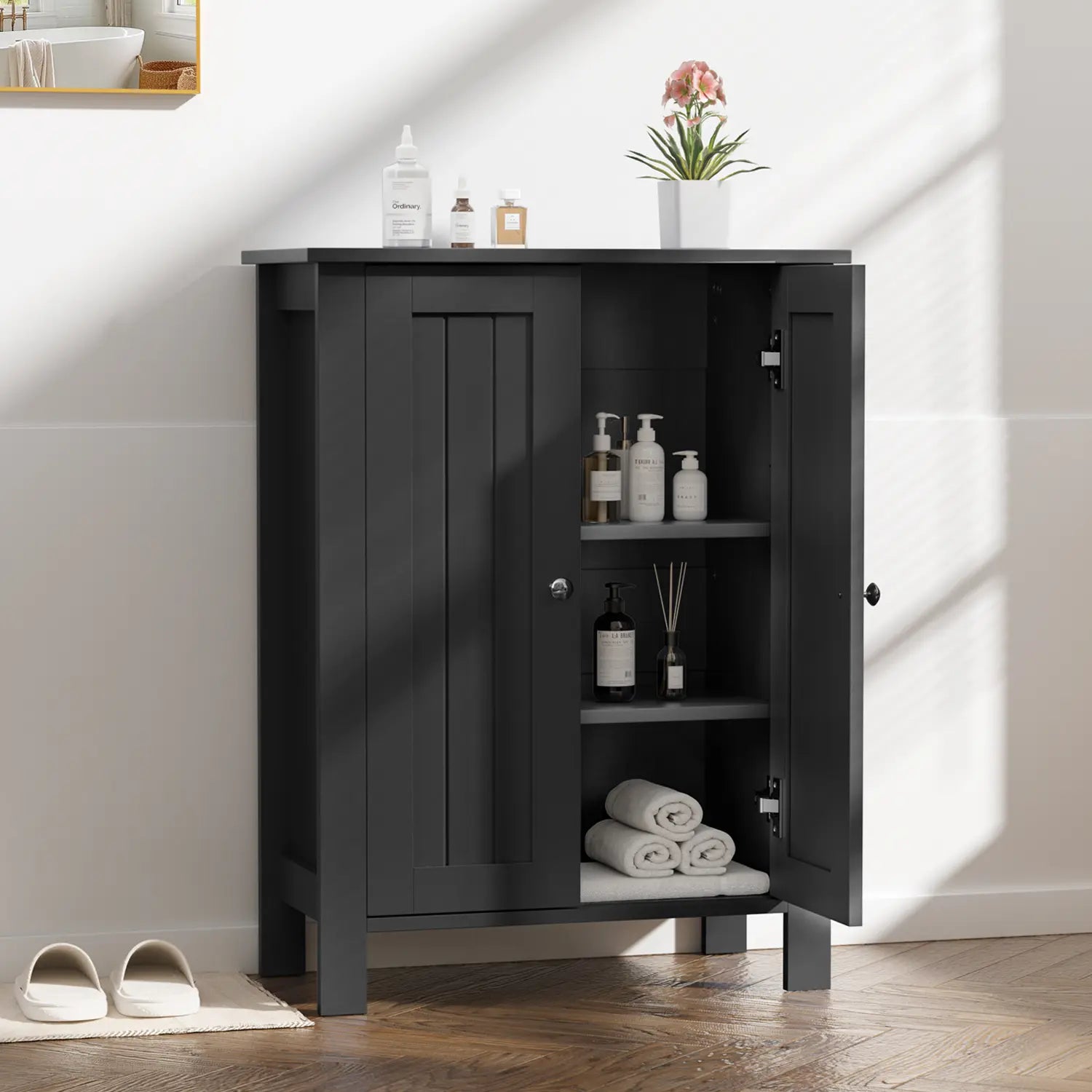 Kullavik Wooden Bathroom Floor Storage Cabinet - Freestanding 2-Compartment Compartmentalized High-Capacity Storage Floor Cabinet with Double Doors for Entryway, Living Room, Compartmentalized Floor Cabinets, High-Capacity Floor Cabinets