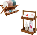 Teak Collapsible 2 Tier Rack Dish Drying Rack and 2 Tier Standing Shower Organizer Caddy Corner with Handle