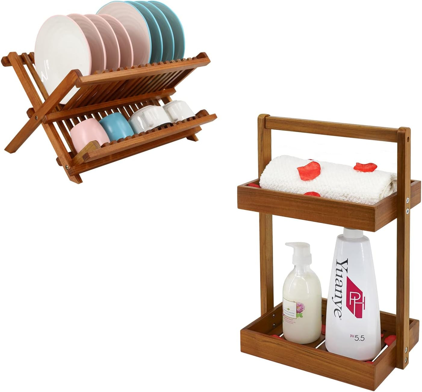 Teak Collapsible 2 Tier Rack Dish Drying Rack and 2 Tier Standing Shower Organizer Caddy Corner with Handle