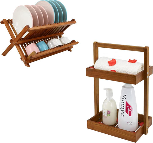 Teak Collapsible 2 Tier Rack Dish Drying Rack and 2 Tier Standing Shower Organizer Caddy Corner with Handle