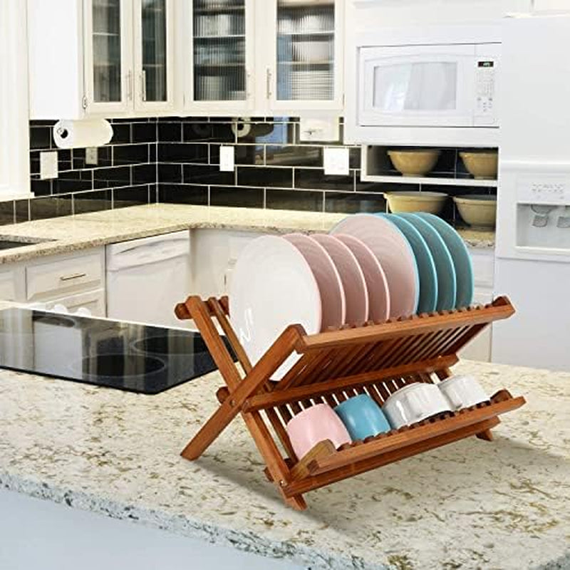 Teak Collapsible 2 Tier Rack Dish Drying Rack and 2 Tier Standing Shower Organizer Caddy Corner with Handle