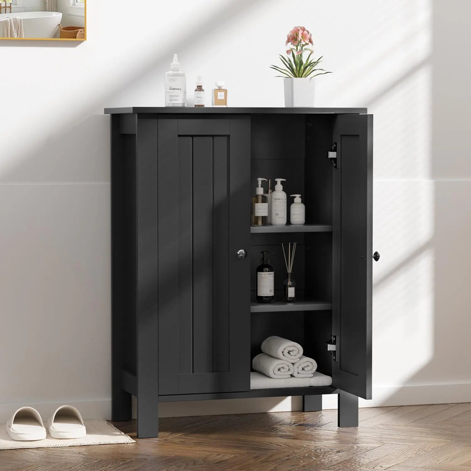 Kullavik Wooden Bathroom Floor Storage Cabinet - Freestanding 2-Compartment Compartmentalized High-Capacity Storage Floor Cabinet with Double Doors for Entryway, Living Room, Compartmentalized Floor Cabinets, High-Capacity Floor Cabinets