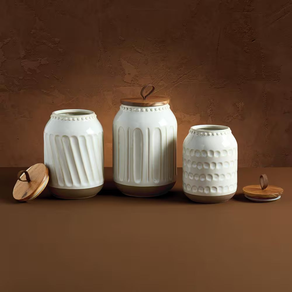 Ziggy 3-Piece Ceramic Canister Set with Acacia Wood Lids
