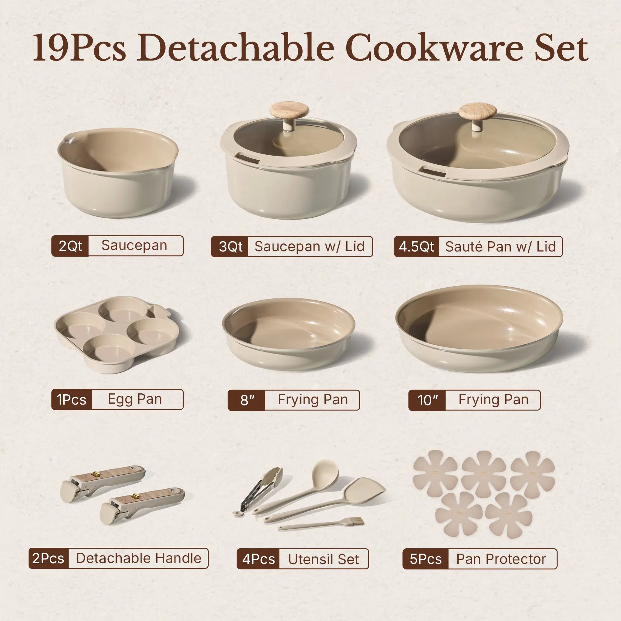 [Official] CAROTE 19Pcs Ceramic Cookware Set Nonstick with Detachable Handle, Dishwasher Safe, Easy Pouring Spout