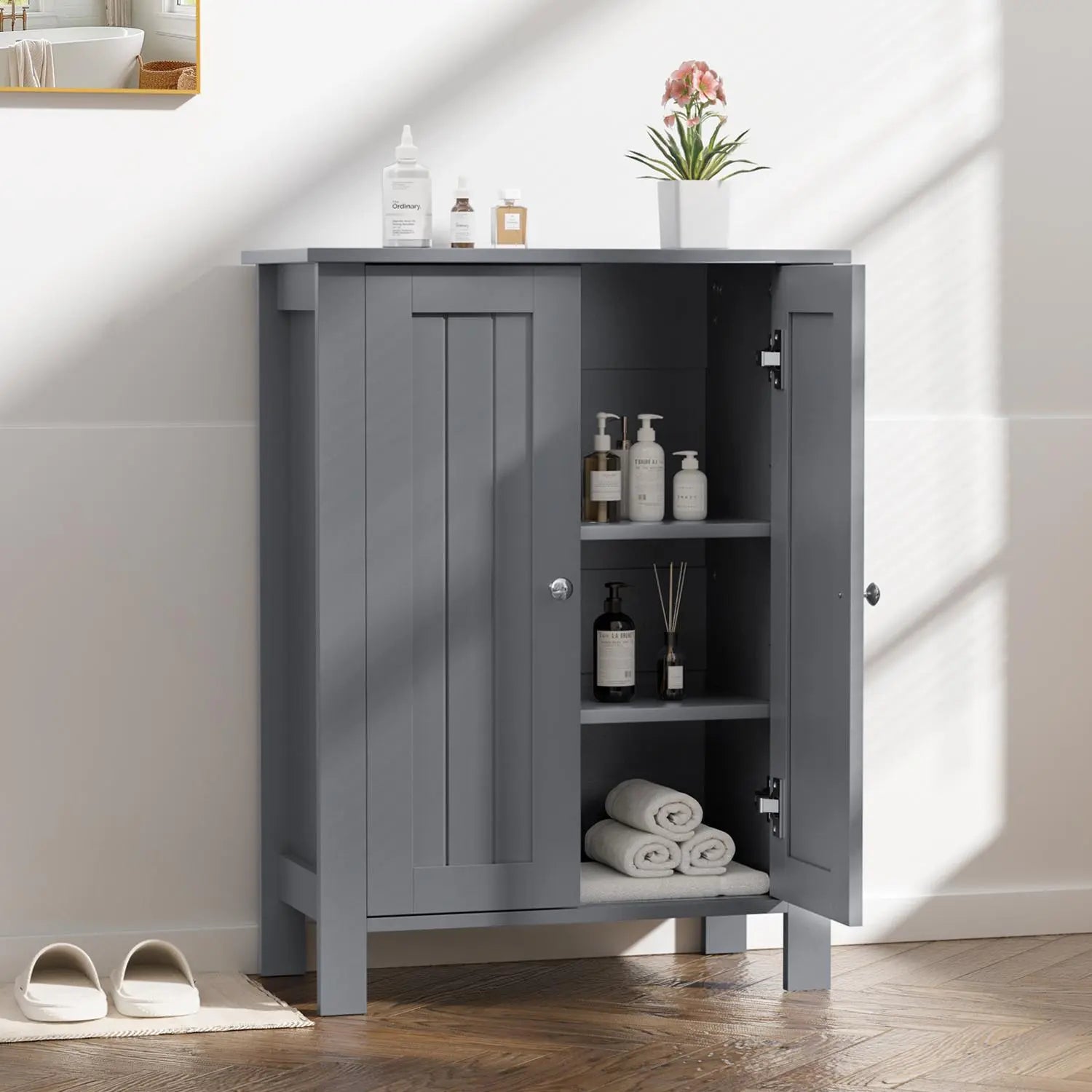 Kullavik Wooden Bathroom Floor Storage Cabinet - Freestanding 2-Compartment Compartmentalized High-Capacity Storage Floor Cabinet with Double Doors for Entryway, Living Room, Compartmentalized Floor Cabinets, High-Capacity Floor Cabinets