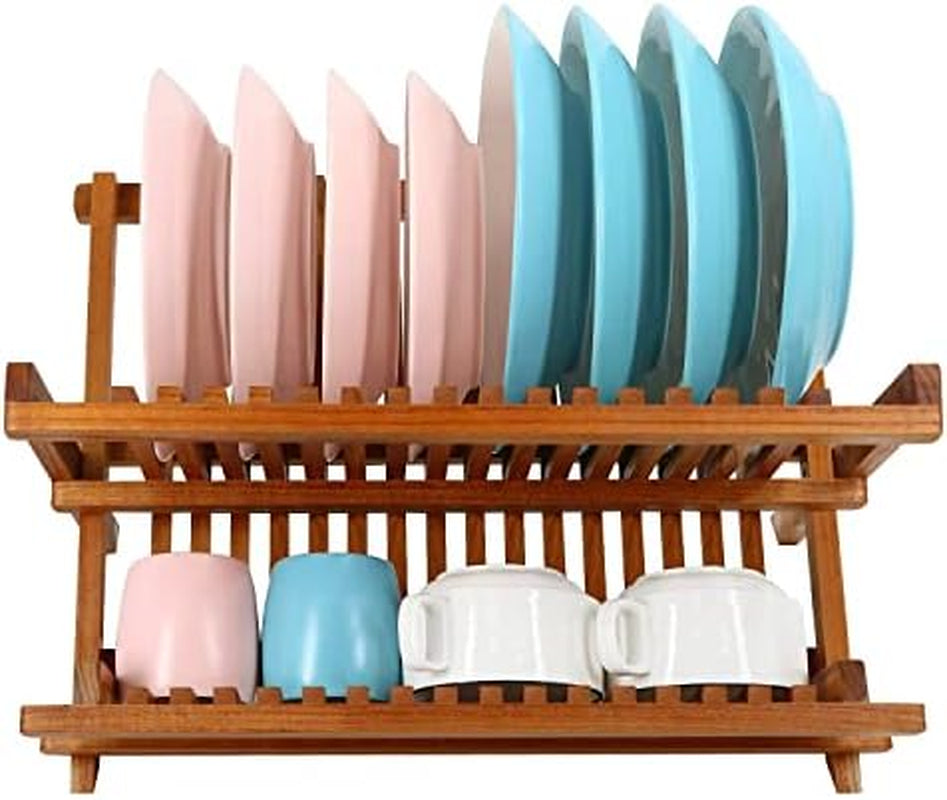 Teak Collapsible 2 Tier Rack Dish Drying Rack and 2 Tier Standing Shower Organizer Caddy Corner with Handle
