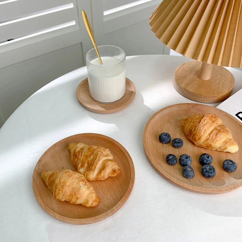 Round Wood Dish, Plate Acacia Wooden for Cake, Sweets Fruit Dessert Coffee Dish, round Wood Dinner Tableware Plates, Tray for Home Decoration